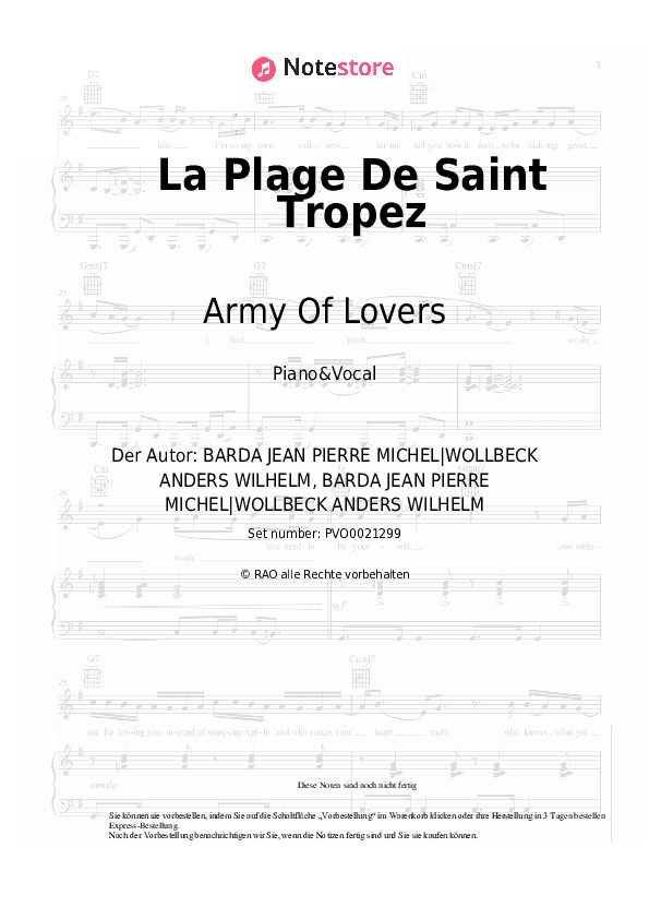 Noten mit Gesang Army Of Lovers - La Plage De Saint Tropez - Klavier&Gesang