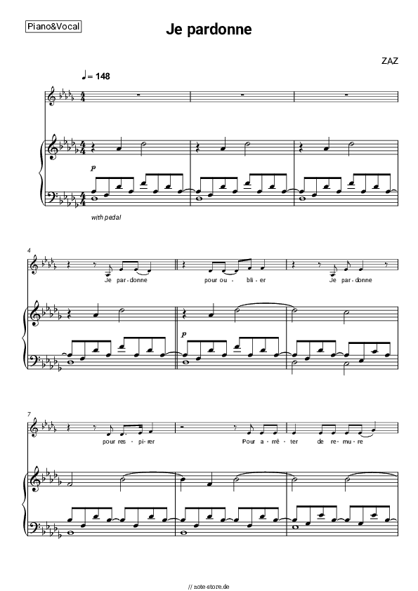 Noten mit Gesang ZAZ - Je pardonne - Klavier&Gesang