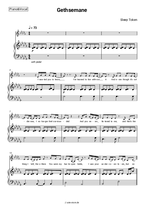 Noten mit Gesang Sleep Token - Gethsemane - Klavier&Gesang