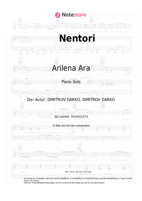 Noten Arilena Ara - Nentori - Klavier.Solo
