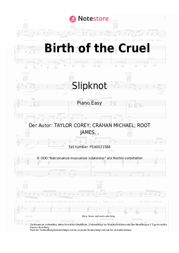 Einfache Noten Slipknot - Birth of the Cruel - Klavier.Einfach