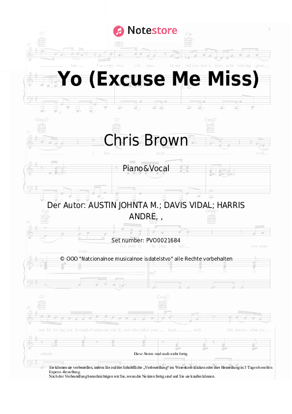 Noten mit Gesang Chris Brown - Yo (Excuse Me Miss) - Klavier&Gesang