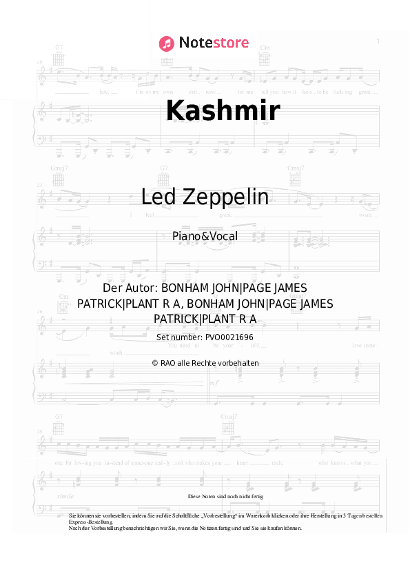 Noten mit Gesang Led Zeppelin - Kashmir - Klavier&Gesang
