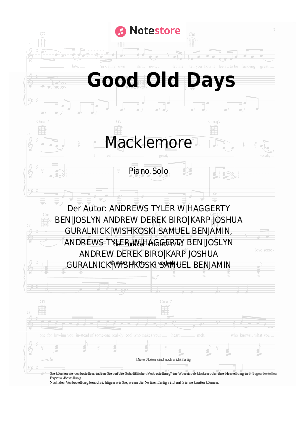 Noten Macklemore, Kesha - Good Old Days - Klavier.Solo