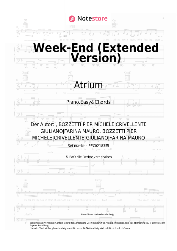 Einfache Noten und Akkorde Atrium - Week-End (Extended Version) - Klavier.Einfach&Akkorde