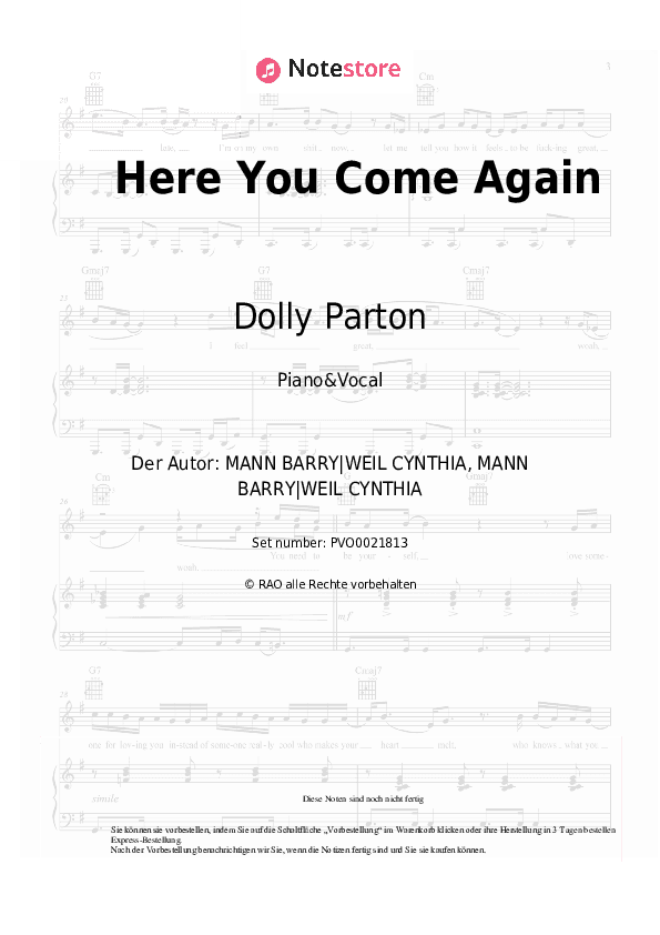 Noten mit Gesang Dolly Parton - Here You Come Again - Klavier&Gesang