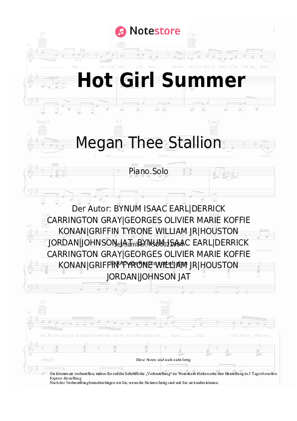 Noten Megan Thee Stallion, Nicki Minaj, Ty Dolla Sign - Hot Girl Summer - Klavier.Solo