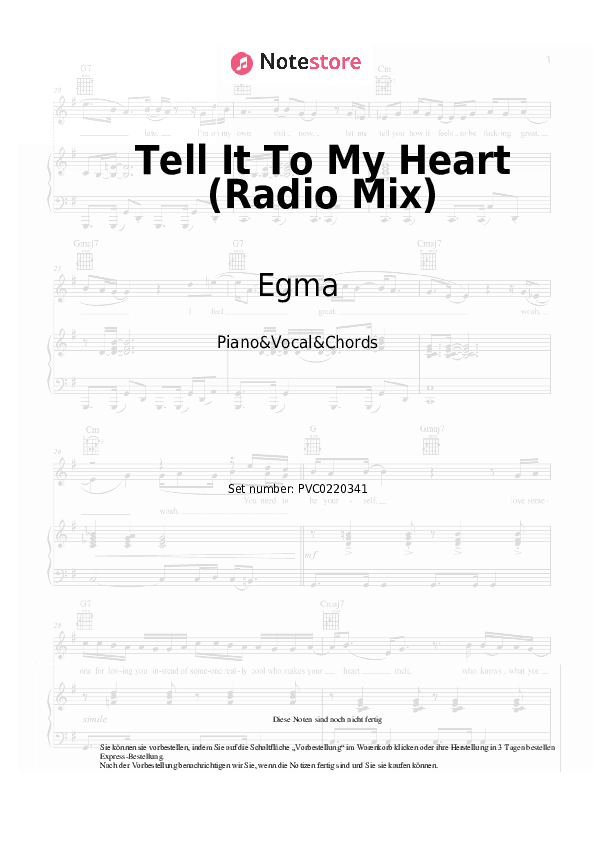 Noten und Akkorde Egma - Tell It To My Heart (Radio Mix) - Klavier&Gesang&Akkorde
