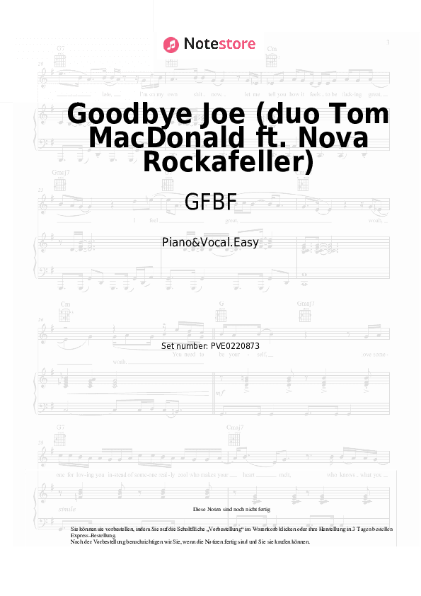 Einfache Noten GFBF - Goodbye Joe (duo Tom MacDonald ft. Nova Rockafeller) - Klavier&Gesang.Einfach