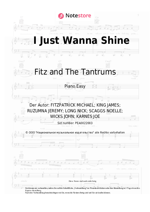 Einfache Noten Fitz and The Tantrums - I Just Wanna Shine - Klavier.Einfach