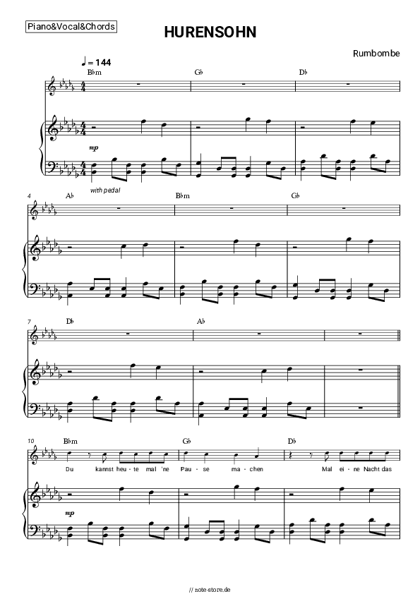 Noten und Akkorde Rumbombe - HURENSOHN - Klavier&Gesang&Akkorde