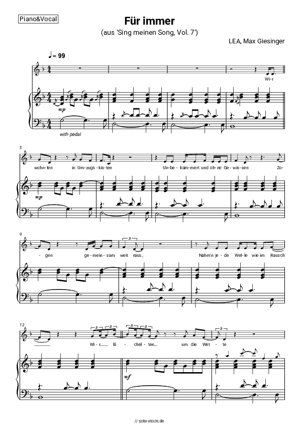 Noten mit Gesang LEA, Max Giesinger - Für immer (aus 'Sing meinen Song, Vol. 7') - Klavier&Gesang
