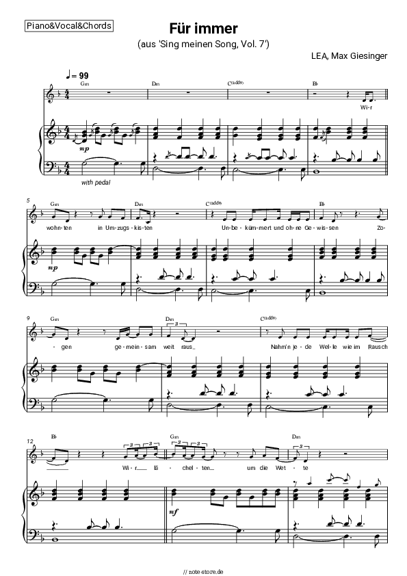 Noten und Akkorde LEA, Max Giesinger - Für immer (aus 'Sing meinen Song, Vol. 7') - Klavier&Gesang&Akkorde