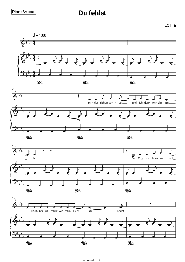 Noten mit Gesang LOTTE - Du fehlst - Klavier&Gesang