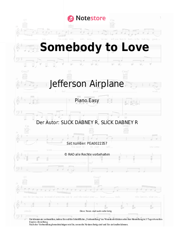 Einfache Noten Jefferson Airplane - Somebody to Love - Klavier.Einfach