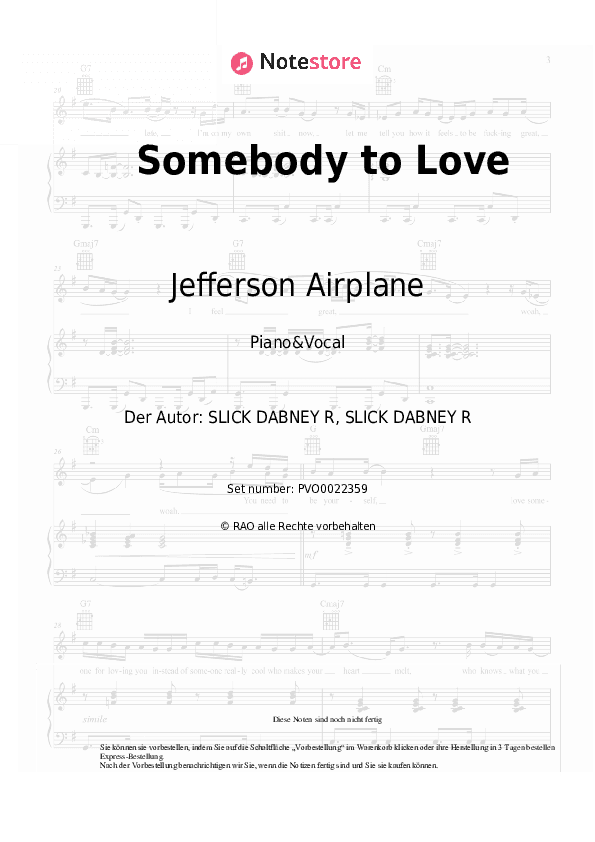 Noten mit Gesang Jefferson Airplane - Somebody to Love - Klavier&Gesang