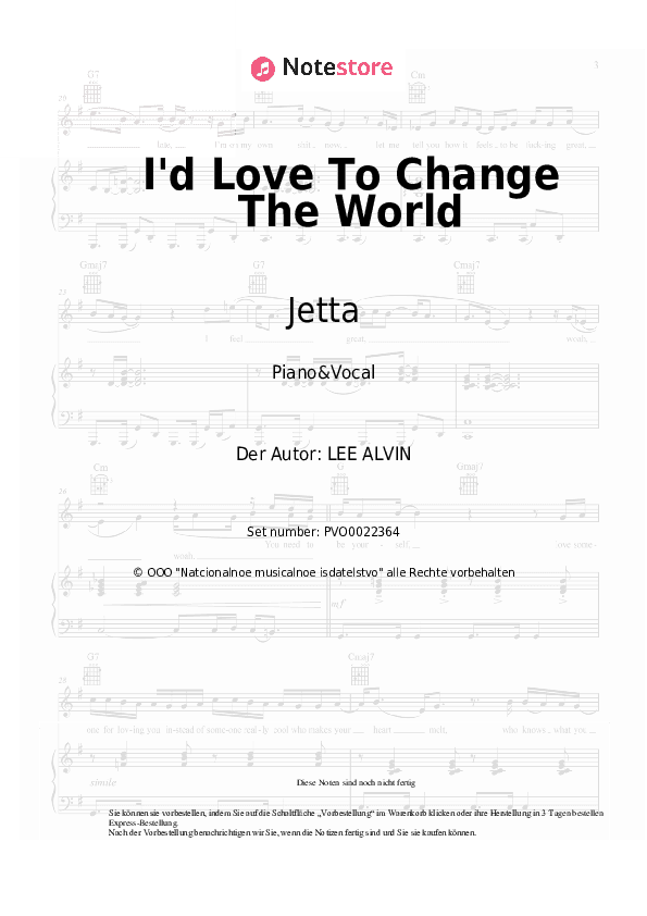 Noten mit Gesang Jetta - I'd Love To Change The World - Klavier&Gesang
