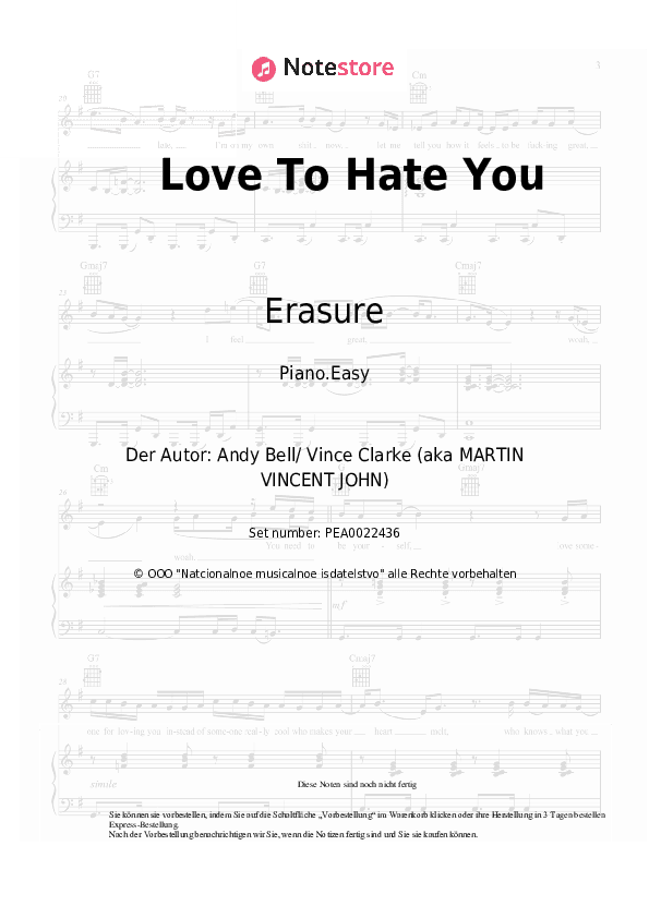 Einfache Noten Erasure - Love To Hate You - Klavier.Einfach