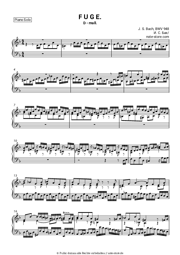 Noten Johann Sebastian Bach - Fugue in D Minor, BWV 948 - Klavier.Solo