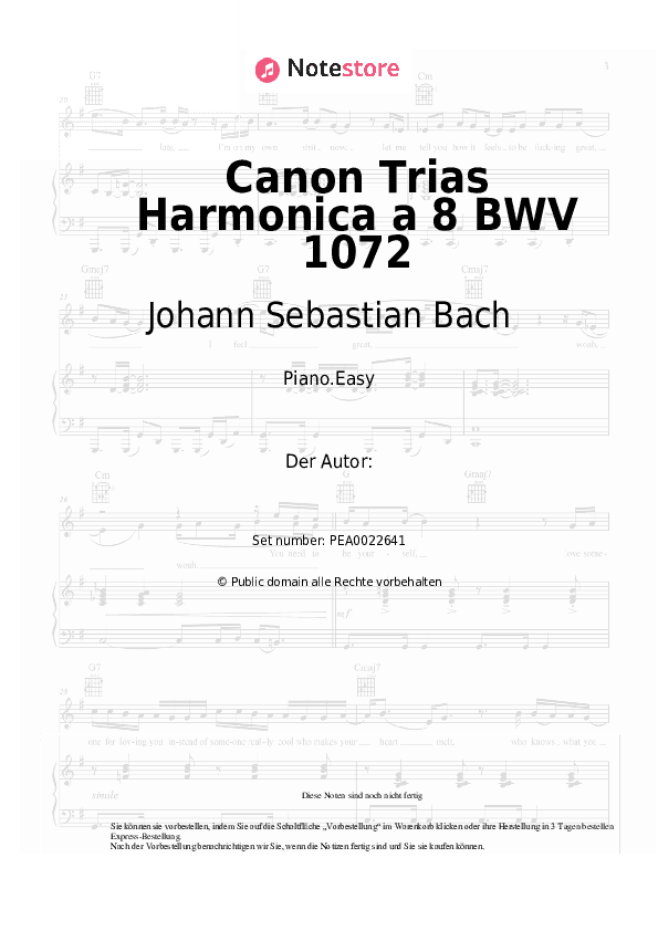 Einfache Noten Johann Sebastian Bach - Canon Trias Harmonica a 8 BWV 1072 - Klavier.Einfach