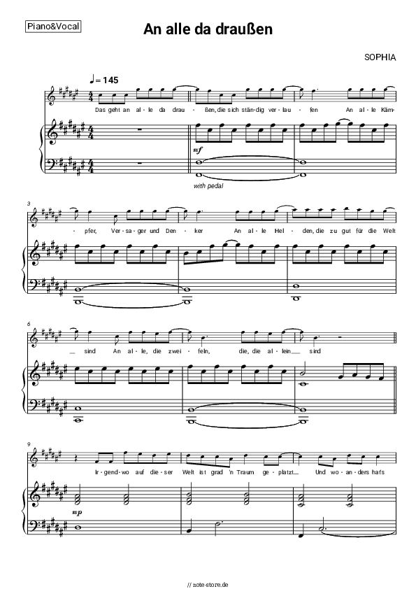 Noten mit Gesang SOPHIA - An alle da draußen - Klavier&Gesang