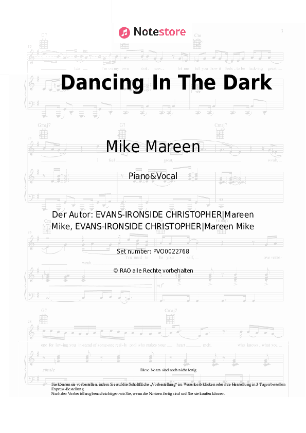 Noten mit Gesang Mike Mareen - Dancing In The Dark - Klavier&Gesang