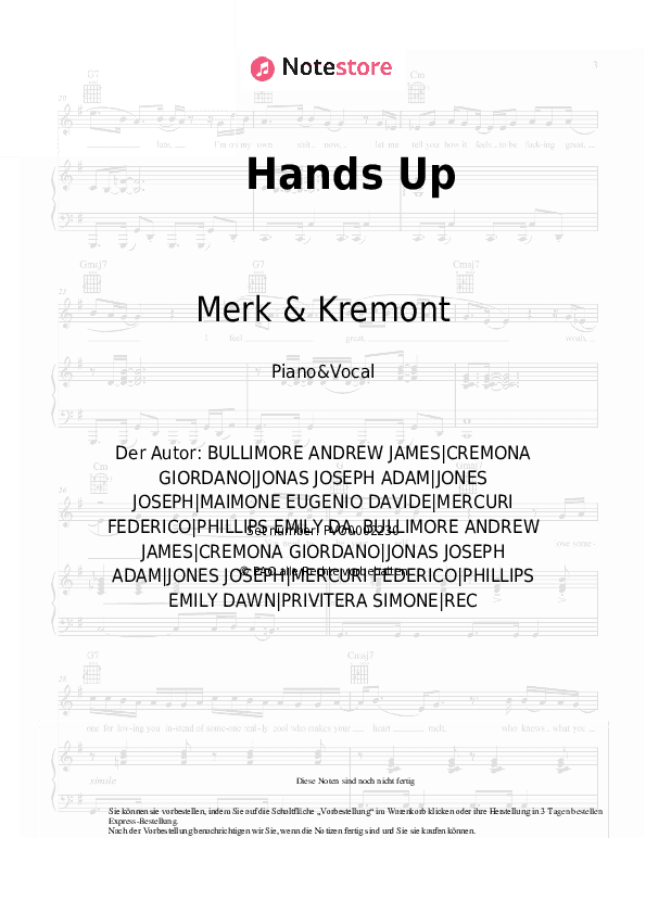 Noten mit Gesang Merk & Kremont, DNCE - Hands Up - Klavier&Gesang