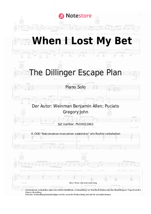 Noten The Dillinger Escape Plan - When I Lost My Bet - Klavier.Solo