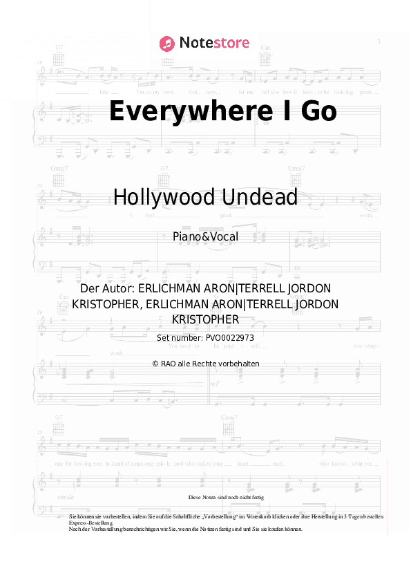 Noten mit Gesang Hollywood Undead - Everywhere I Go - Klavier&Gesang