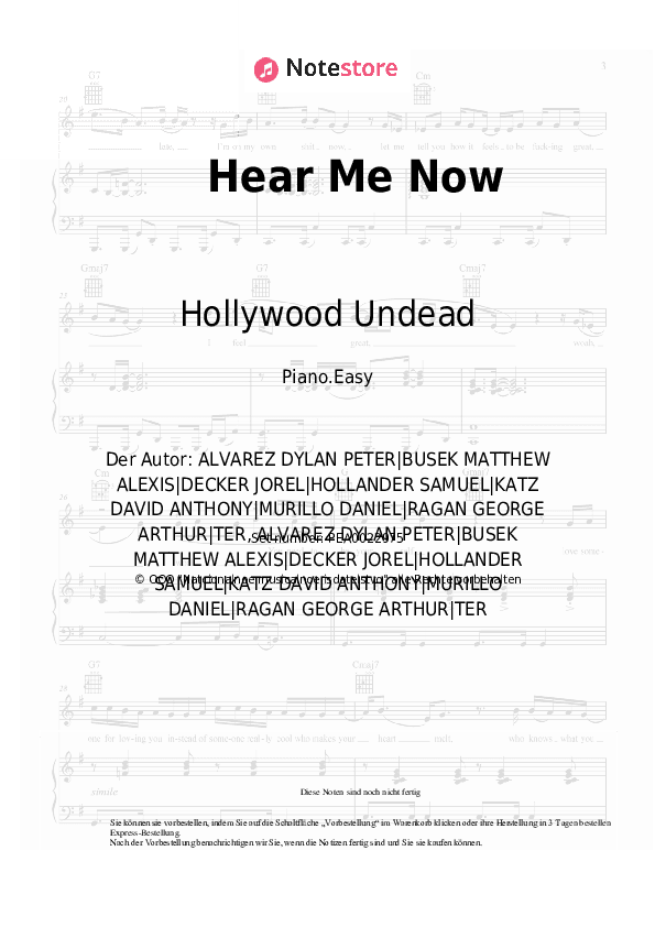 Einfache Noten Hollywood Undead - Hear Me Now - Klavier.Einfach