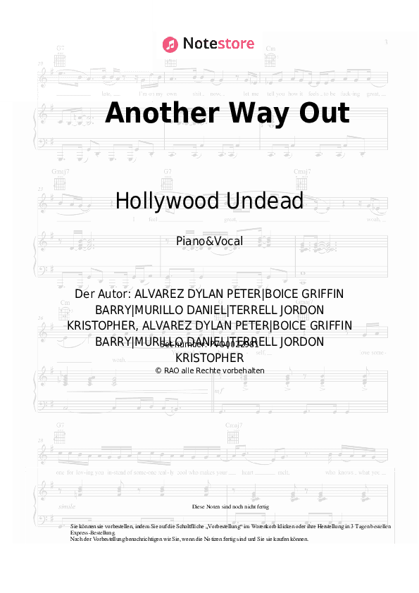 Noten mit Gesang Hollywood Undead - Another Way Out - Klavier&Gesang