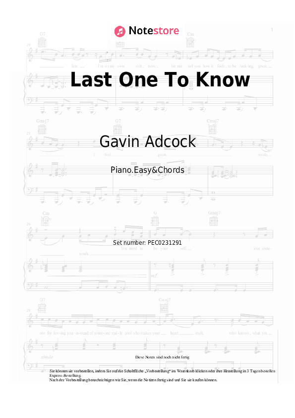 Einfache Noten und Akkorde Gavin Adcock - Last One To Know - Klavier.Einfach&Akkorde