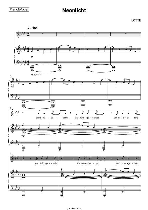 Noten mit Gesang LOTTE - Neonlicht - Klavier&Gesang
