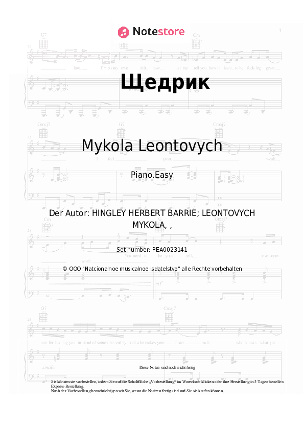 Einfache Noten Mykola Leontovych - Carol of the Bells - Klavier.Einfach