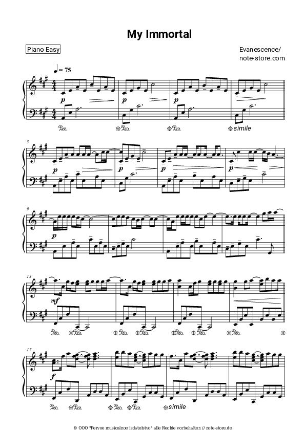 Einfache Noten Evanescence - My immortal - Klavier.Einfach
