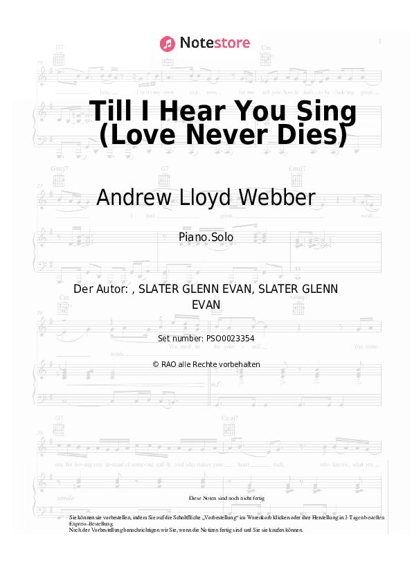 Noten Andrew Lloyd Webber, Glenn Slater - Till I Hear You Sing (Love Never Dies) - Klavier.Solo