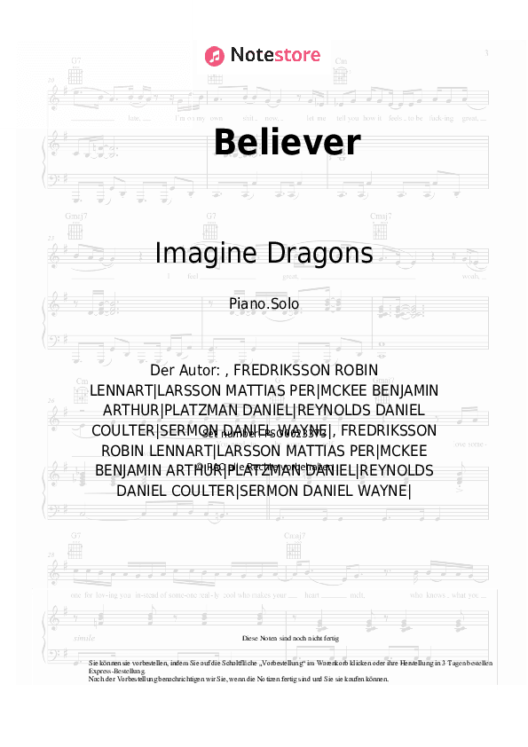 Noten Imagine Dragons - Believer - Klavier.Solo