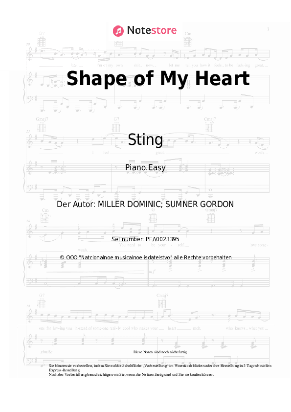 Einfache Noten Sting - Shape of My Heart - Klavier.Einfach
