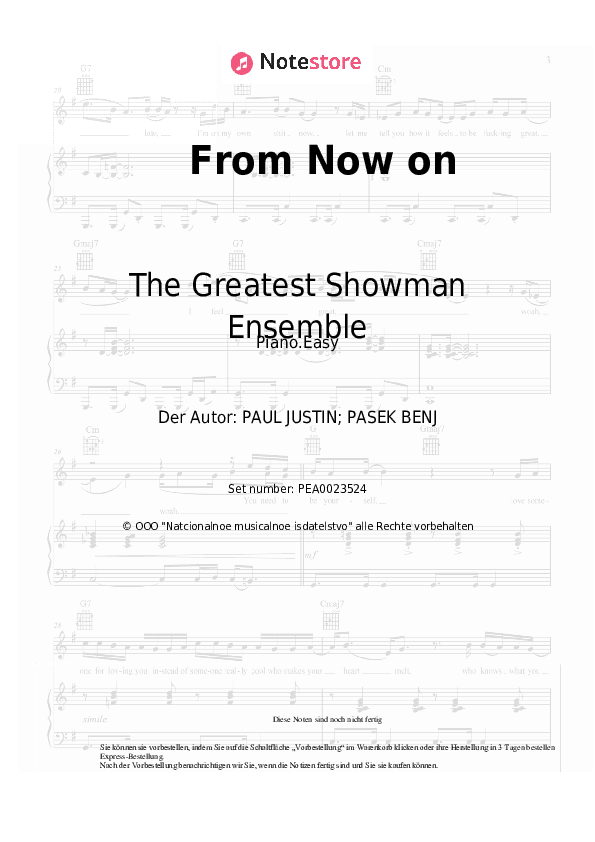 Einfache Noten The Greatest Showman Ensemble, Hugh Jackman - From Now on - Klavier.Einfach