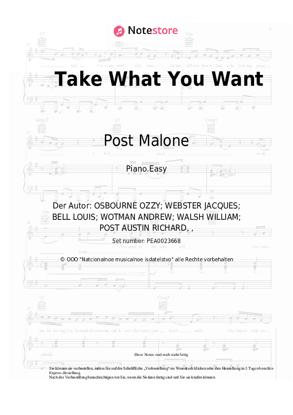 Einfache Noten Post Malone, Travis Scott, Ozzy Osbourne - Take What You Want - Klavier.Einfach