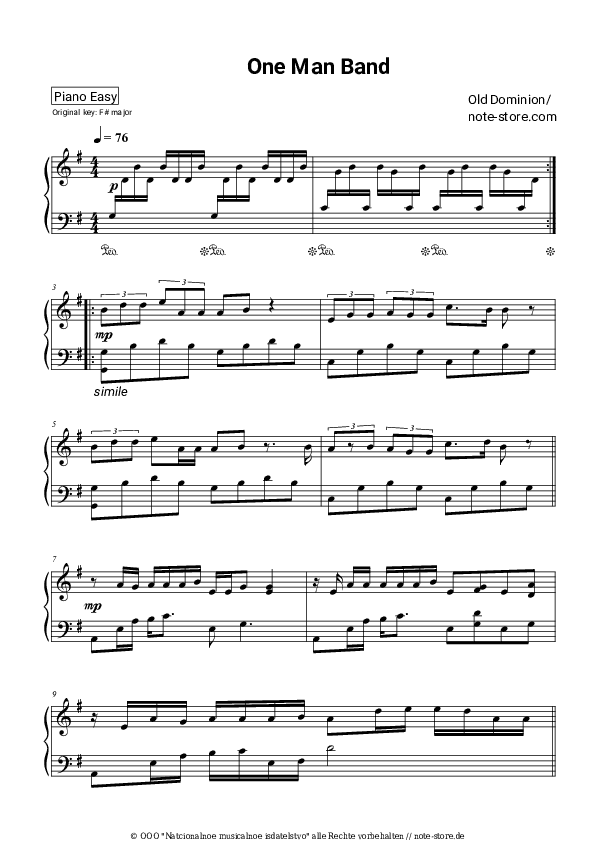 Einfache Noten Old Dominion - One Man Band - Klavier.Einfach