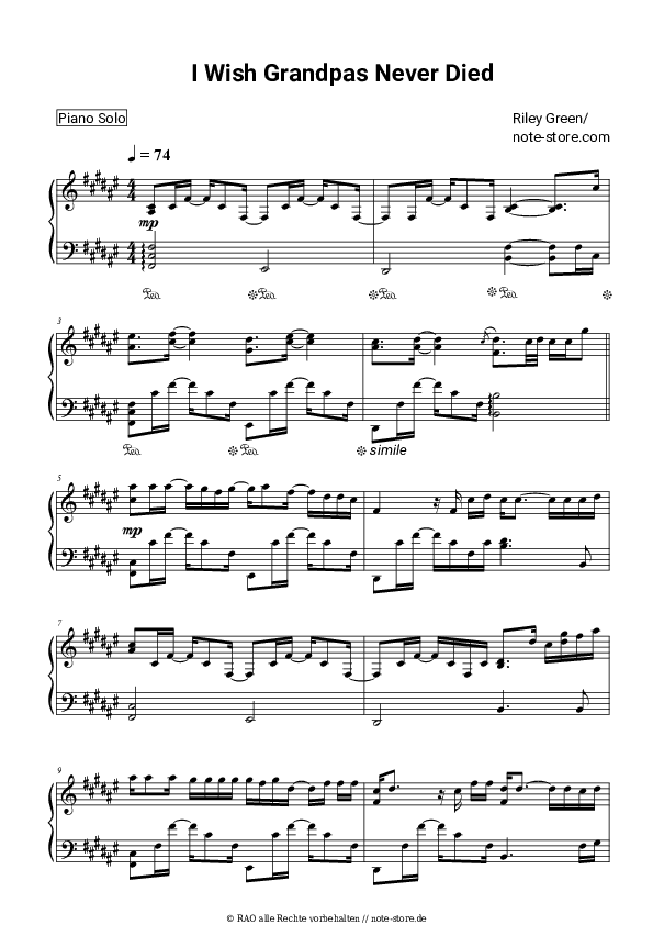 Noten Riley Green - I Wish Grandpas Never Died - Klavier.Solo