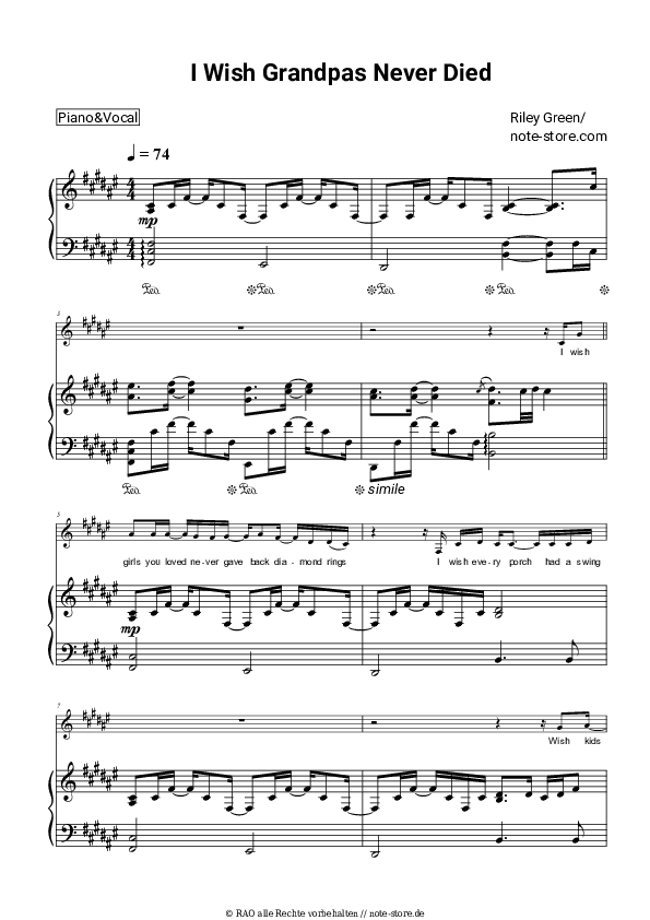 Noten mit Gesang Riley Green - I Wish Grandpas Never Died - Klavier&Gesang