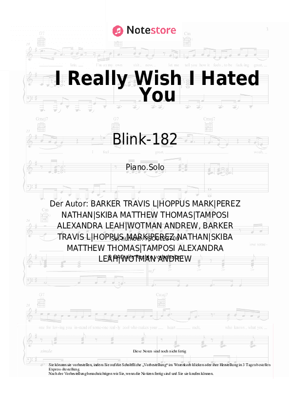Noten Blink-182 - I Really Wish I Hated You - Klavier.Solo