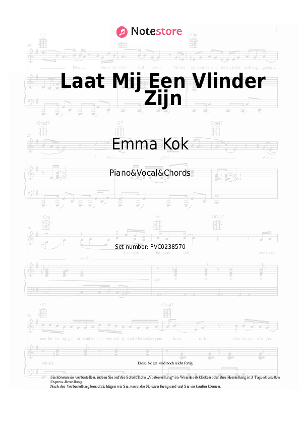Noten und Akkorde Emma Kok - Laat Mij Een Vlinder Zijn - Klavier&Gesang&Akkorde