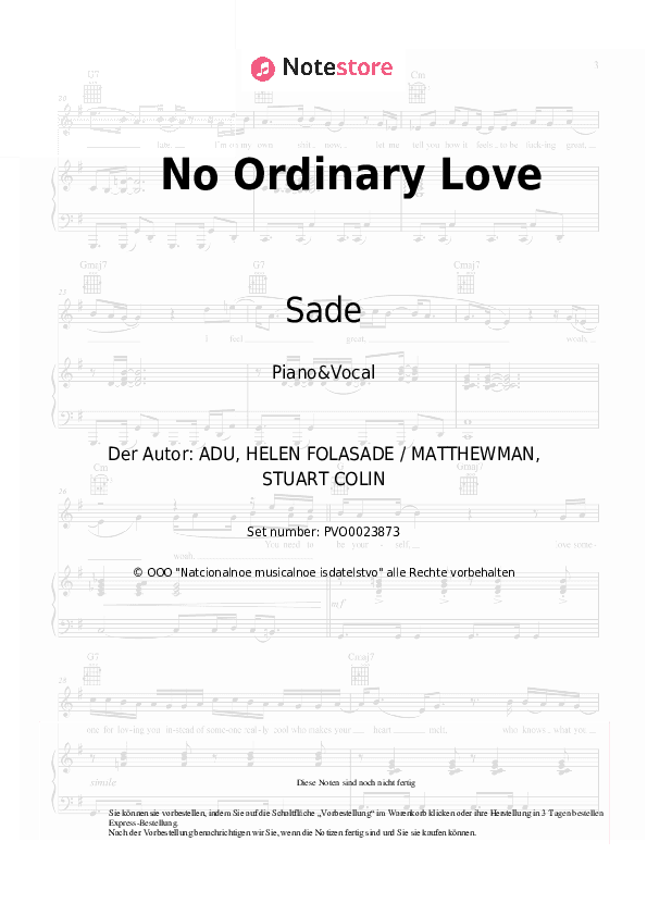 Noten mit Gesang Sade - No Ordinary Love - Klavier&Gesang