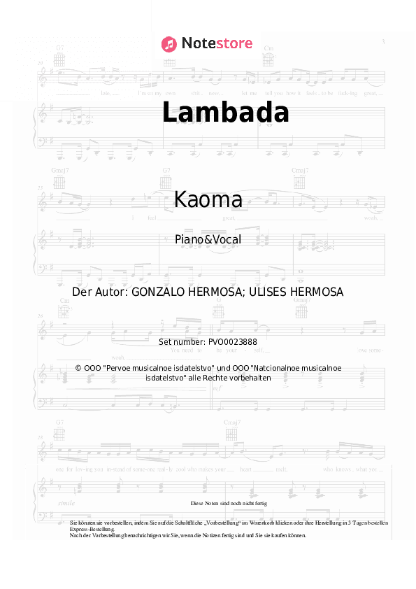 Noten mit Gesang Kaoma - Lambada - Klavier&Gesang