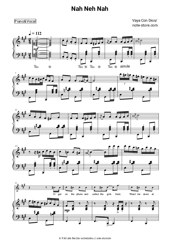 Noten mit Gesang Vaya Con Dios - Nah Neh Nah - Klavier&Gesang