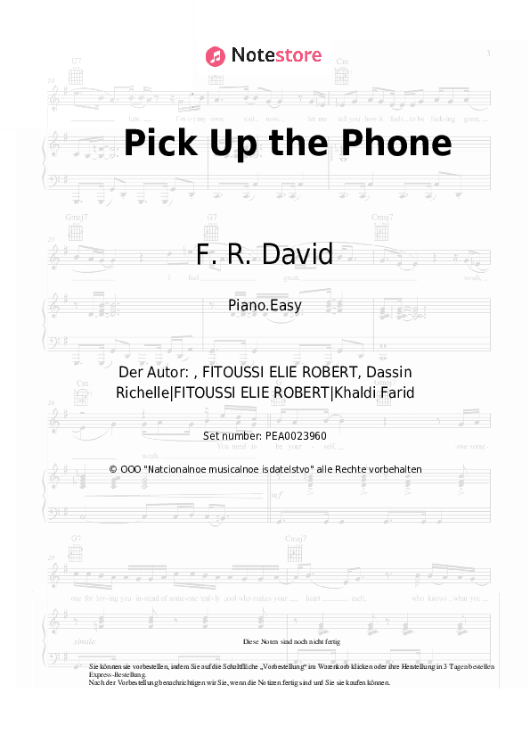 Einfache Noten F. R. David - Pick Up the Phone - Klavier.Einfach