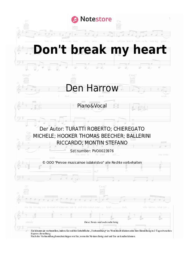Noten mit Gesang Den Harrow - Don't break my heart - Klavier&Gesang